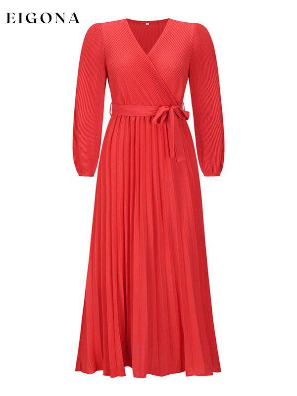 V-neck long-sleeved pleated A-line midi dress clothes dresses long dress long sleeve dresses maxi dress