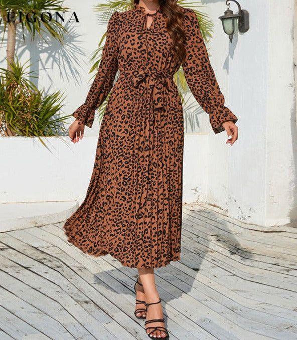 Leopard print stand collar lace up pleated skirt style casual midi dress Khaki casual dresses clothes dress dresses long sleeve dress midi dress office dress office dresses work dress work dresses