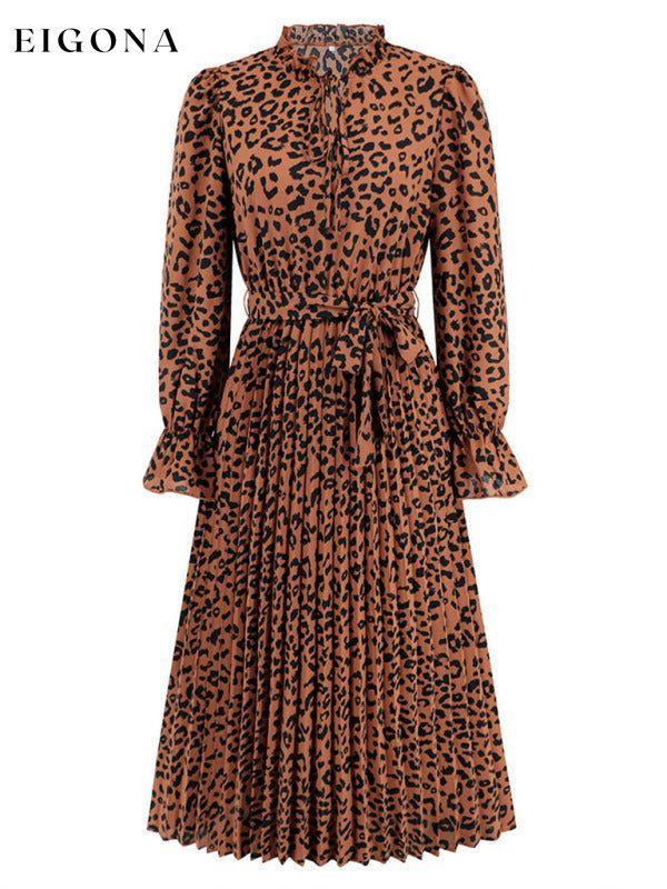 Leopard print stand collar lace up pleated skirt style casual midi dress casual dresses clothes dress dresses long sleeve dress midi dress office dress office dresses work dress work dresses