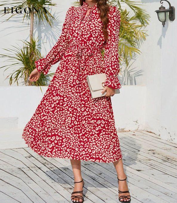 Leopard print stand collar lace up pleated skirt style casual midi dress Red casual dresses clothes dress dresses long sleeve dress midi dress office dress office dresses work dress work dresses