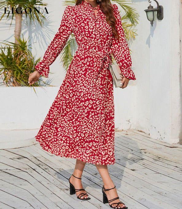 Leopard print stand collar lace up pleated skirt style casual midi dress casual dresses clothes dress dresses long sleeve dress midi dress office dress office dresses work dress work dresses