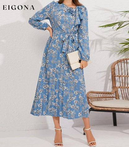 Pleated long-sleeved floral retro bow dress Blue clothes dresses floral dress long sleeve dress long sleeve dresses long sleve dresses midi dresses office dress office dresses Print Floral work dress
