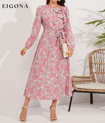 Pleated long-sleeved floral retro bow dress Pink clothes dresses floral dress long sleeve dress long sleeve dresses long sleve dresses midi dresses office dress office dresses Print Floral work dress