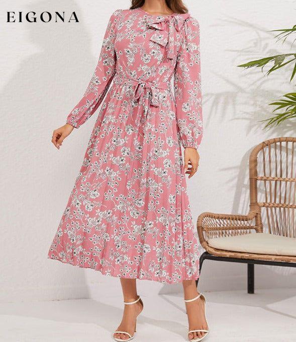 Pleated long-sleeved floral retro bow dress clothes dresses floral dress long sleeve dress long sleeve dresses long sleve dresses midi dresses office dress office dresses Print Floral work dress