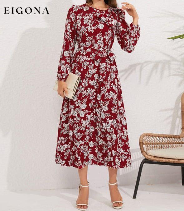 Pleated long-sleeved floral retro bow dress Wine Red clothes dresses floral dress long sleeve dress long sleeve dresses long sleve dresses midi dresses office dress office dresses Print Floral work dress