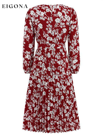 Pleated long-sleeved floral retro bow dress clothes dresses floral dress long sleeve dress long sleeve dresses long sleve dresses midi dresses office dress office dresses Print Floral work dress