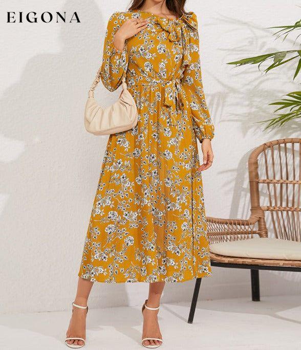 Pleated long-sleeved floral retro bow dress Yellow clothes dresses floral dress long sleeve dress long sleeve dresses long sleve dresses midi dresses office dress office dresses Print Floral work dress
