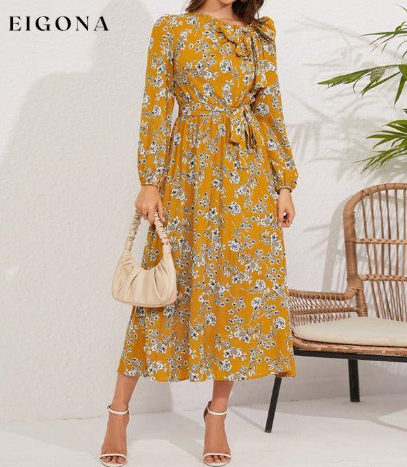 Pleated long-sleeved floral retro bow dress clothes dresses floral dress long sleeve dress long sleeve dresses long sleve dresses midi dresses office dress office dresses Print Floral work dress