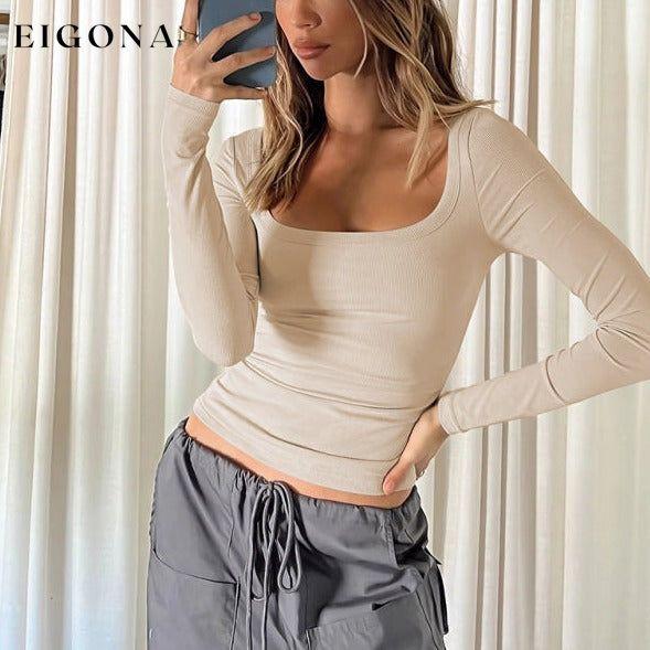 Feminine U-neck tight casual long-sleeved knitted top clothes long sleeve long sleeve shirt long sleeve shirts long sleeve top Nude nude shirts nude tops shirt shirts