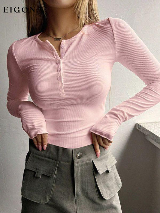 Feminine U-neck buttoned long-sleeved knitted top Pink clothes long sleeve shirts long sleeve top shirt shirts top tops