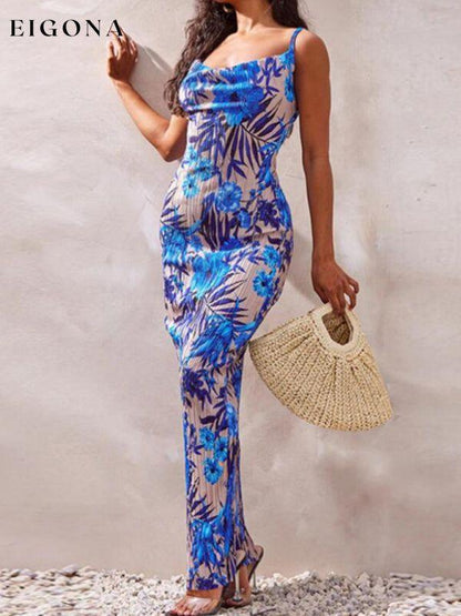 New women's printed pleated slim slim suspender dress long dress Blue clothes dress dresses maxi dress