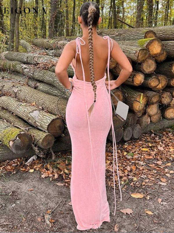 New fashionable and sexy backless strappy long skirt tube top halter neck dress Pastel pink clothes dress dresses evening dress long dress maxi dress need