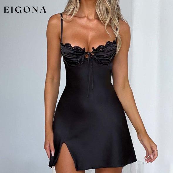 New sexy V-neck lace-up hip-covering hot girl dress with slits Black clothes dress dresses short dresses