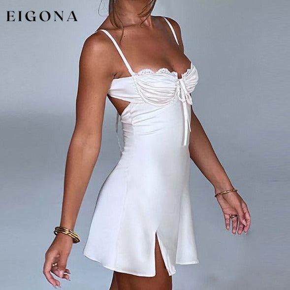 New sexy V-neck lace-up hip-covering hot girl dress with slits White clothes dress dresses short dresses