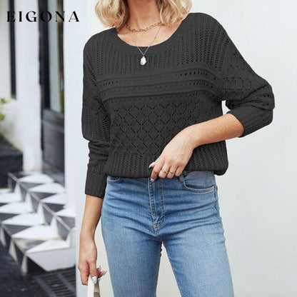 Women's round neck hollow diamond pullover sweater Black clothes long sleeve shirts long sleeve top long sleeve tops sweaters tops Tops/Blouses