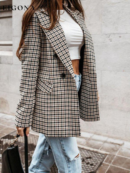 New coat button plaid printed small suit women's mid-length coat Brown blazer blazers clothes Jackets & Coats Outerwear