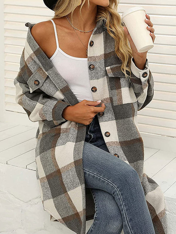 New long plaid lapel buttoned wool casual windbreaker jacket Grey clothes long sleeve shirt long sleeve shirts long sleeve top long sleeve tops Outerwear