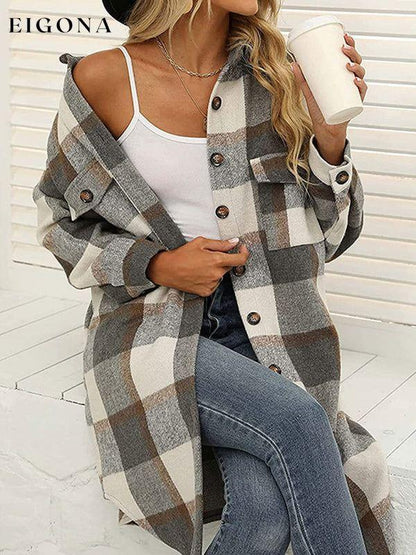 New long plaid lapel buttoned wool casual windbreaker jacket Grey clothes long sleeve shirt long sleeve shirts long sleeve top long sleeve tops Outerwear
