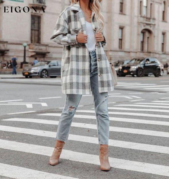 Women's Autumn and Winter New Plaid Printed Long Woolen Jacket Grey clothes Jackets & Coats Outerwear