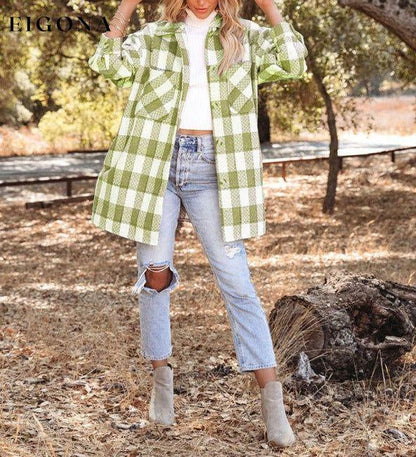 Women's Autumn and Winter New Plaid Printed Long Woolen Jacket Green clothes Jackets & Coats Outerwear