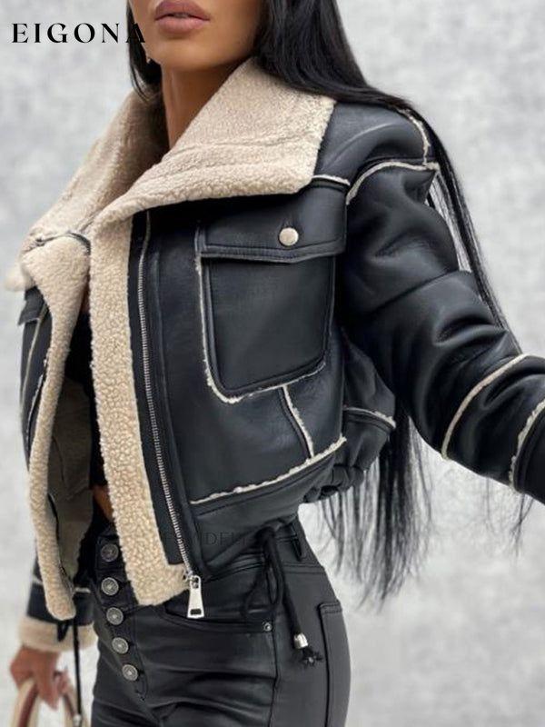 Women's new lamb wool short coat zipper motorcycle style PU Leather jacket with pockets, Fuzzy Leather Jacket Black clothes Jackets & Coats Outerwear
