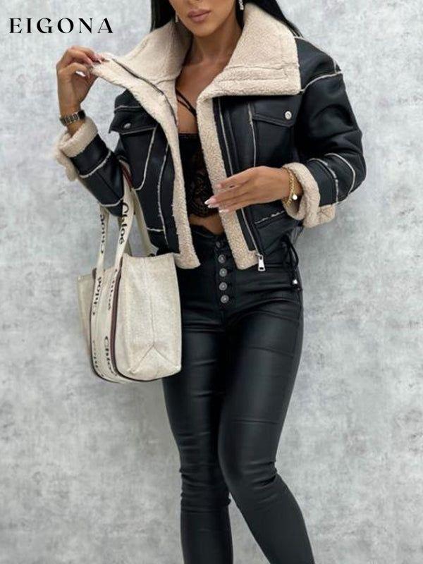 Women's new lamb wool short coat zipper motorcycle style PU Leather jacket with pockets, Fuzzy Leather Jacket clothes Jackets & Coats Outerwear