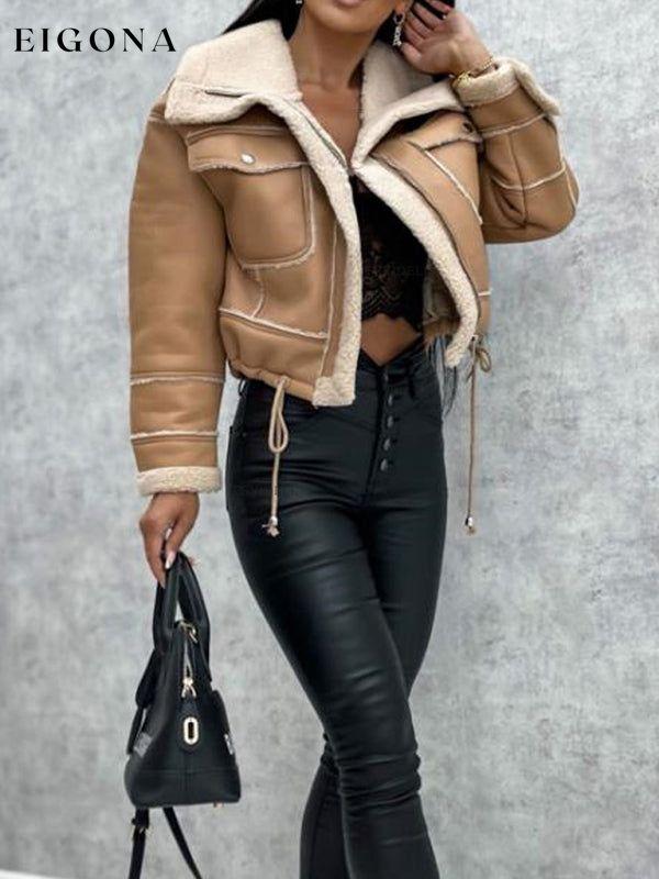 Women's new lamb wool short coat zipper motorcycle style PU Leather jacket with pockets, Fuzzy Leather Jacket clothes Jackets & Coats Outerwear