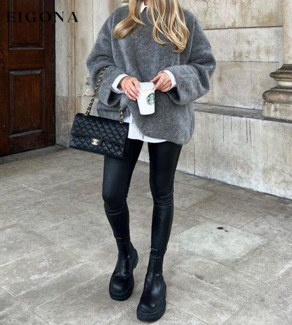 Women's New Mohair Round Neck Pullover Sweater Grey clothes Sweater sweaters