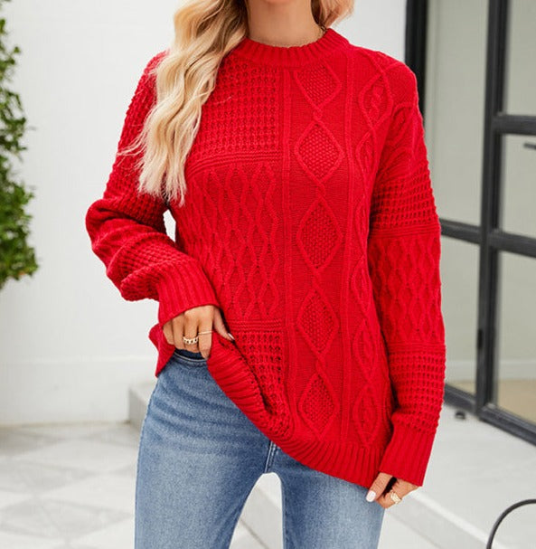 Women's round neck loose diamond knit sweater Red clothes Sweater sweaters Sweatshirt