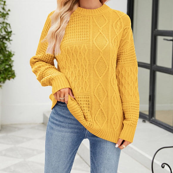 Women's round neck loose diamond knit sweater Yellow clothes Sweater sweaters Sweatshirt