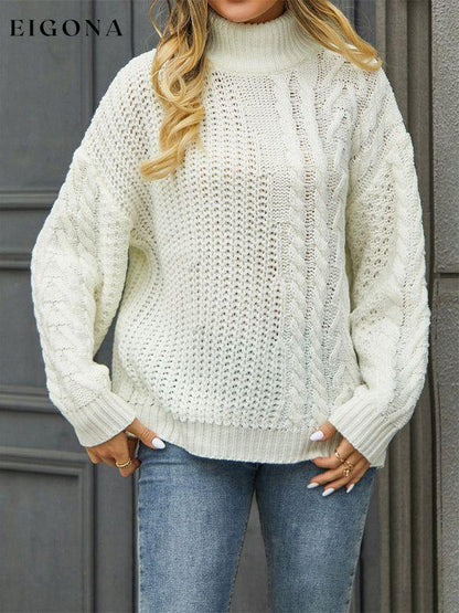 Women's turtleneck loose diamond knit sweater, long sleeve White clothes Sweater sweaters Sweatshirt