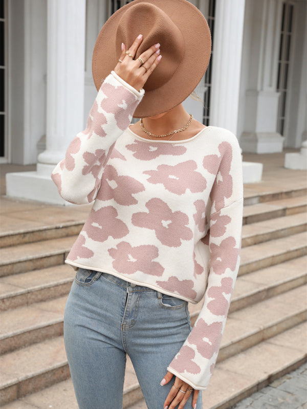 Women's floral round neck knitted pullover sweater Khaki clothes Sweater sweaters Sweatshirt