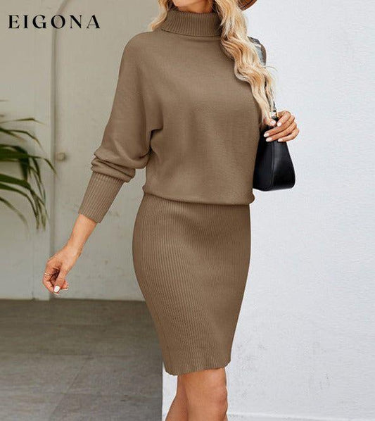 Women's turtleneck long sleeve slim fit sweater dress Khaki casual dresses clothes dress dresses long sleeve dress long sleeve dresses