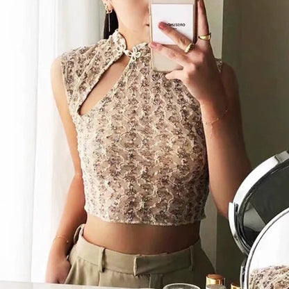 Women's Lace Button Print Sleeveless Vest Cropped Top T-Shirt clothes crop top crop tops croptop short sleeve top top tops Tops/Blouses