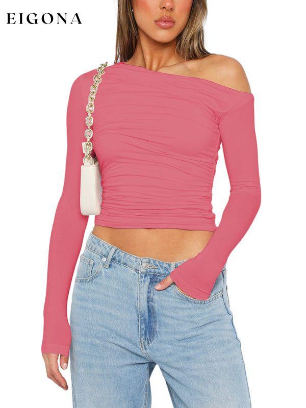 Women's off-shoulder asymmetrical solid color crop top long-sleeved sexy slim fit T-shirt Hot pink clothes long sleeve shirt long sleeve shirts long sleeve top long sleeve tops shirt shirts top tops Tops/Blouses