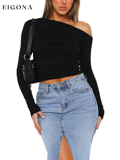 Women's off-shoulder asymmetrical solid color crop top long-sleeved sexy slim fit T-shirt Black clothes long sleeve shirt long sleeve shirts long sleeve top long sleeve tops shirt shirts top tops Tops/Blouses