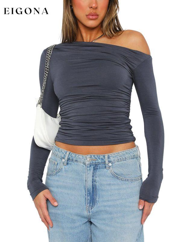 Women's off-shoulder asymmetrical solid color crop top long-sleeved sexy slim fit T-shirt