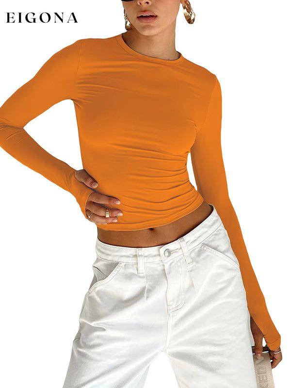 Women's solid color bottoming round neck T-shirt hot girl slimming long-sleeved top T-shirt Orange clothes long sleeve long sleeve shirt long sleeve shirts long sleeve top long sleeve tops shirts tops Tops/Blouses