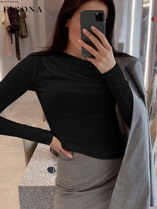 New solid color versatile round neck pleated long sleeve inner slim fit T-shirt clothes long sleeve shirt long sleeve shirts long sleeve top long sleeve tops shirt shirts top tops