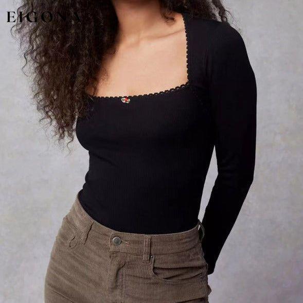 Women's New Bottoming Shirt Stretch Thread Body Flower Square Neck Knitted Long Sleeve T-Shirt Top Black clothes long sleeve shirt long sleeve shirts long sleeve top long sleeve tops shirt shirts top tops