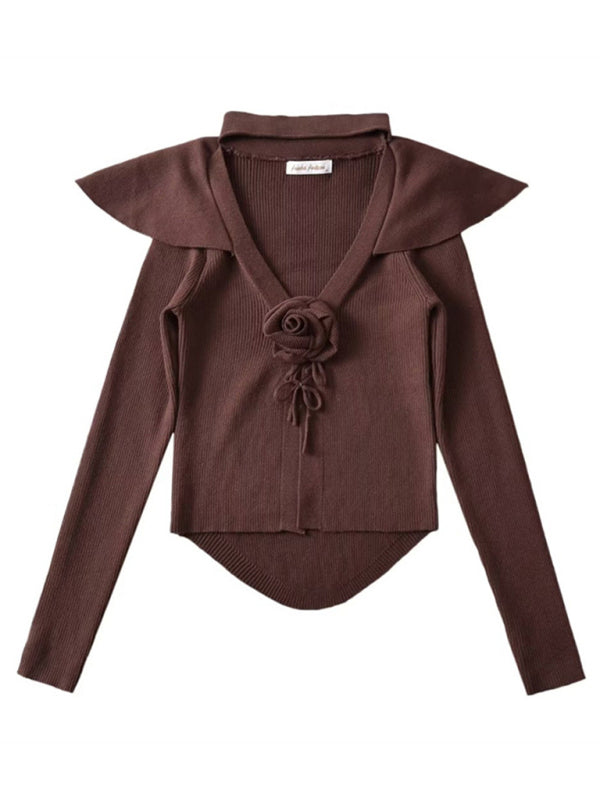 Women's new style French rose large lapel scarf knitted Crop cardigan Brown cardigan cardigans clothes crop top crop tops cropped top croptop long sleeve top long sleeve tops top tops