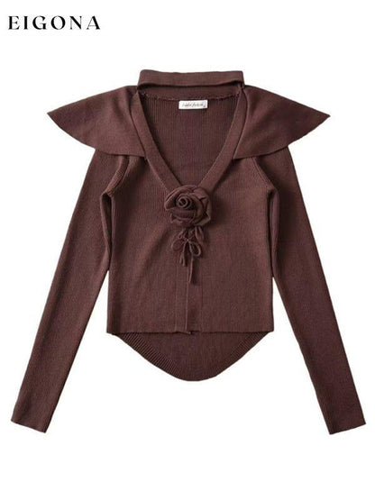 Women's new style French rose large lapel scarf knitted Crop cardigan Brown cardigan cardigans clothes crop top crop tops cropped top croptop long sleeve top long sleeve tops top tops