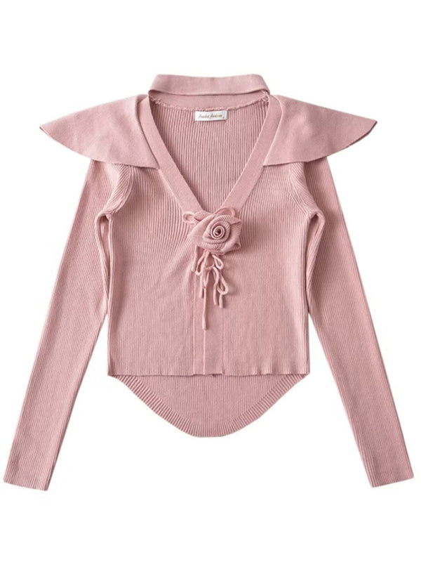 Women's new style French rose large lapel scarf knitted Crop cardigan Pink cardigan cardigans clothes crop top crop tops cropped top croptop long sleeve top long sleeve tops top tops