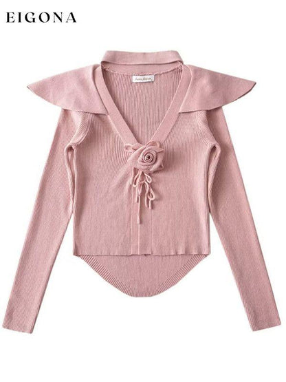 Women's new style French rose large lapel scarf knitted Crop cardigan Pink cardigan cardigans clothes crop top crop tops cropped top croptop long sleeve top long sleeve tops top tops