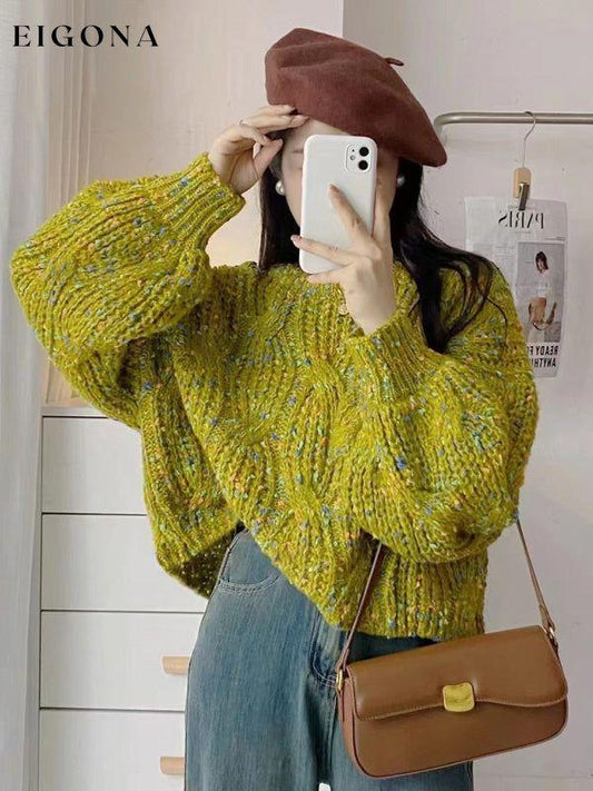 Women's color block loose twist crew neck knit sweater Green FREESIZE clothes Sweater sweaters