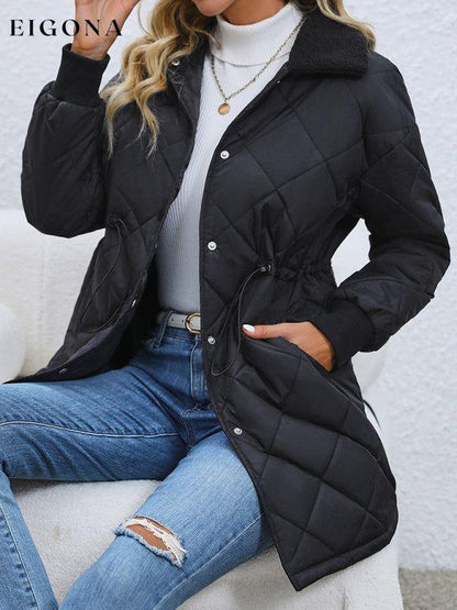 Women's Button Waist Quilted Fur Collar Lapel Jacket clothes Jackets & Coats
