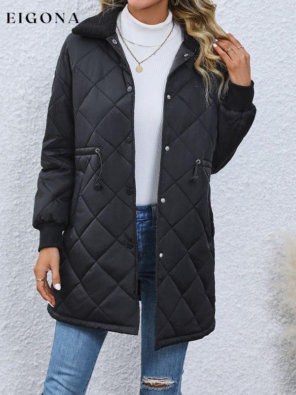 Women's Button Waist Quilted Fur Collar Lapel Jacket Black clothes Jackets & Coats