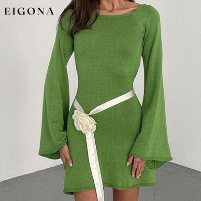Women's New Sexy Backless Bell Sleeve Loose Beach Vacation Dress Green casual dress casual dresses clothes dress dresses long sleeve dress long sleeve dresses short dresses