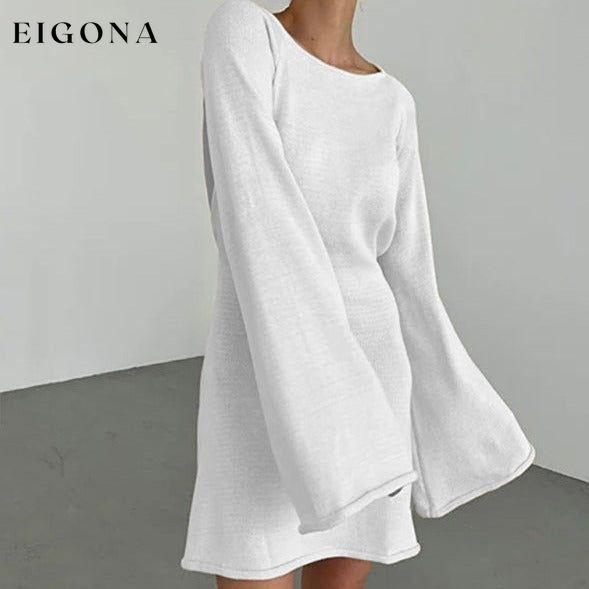 Women's New Sexy Backless Bell Sleeve Loose Beach Vacation Dress White casual dress casual dresses clothes dress dresses long sleeve dress long sleeve dresses short dresses