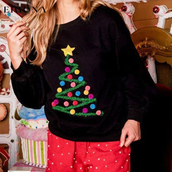 Women's Christmas tree embroidered crew neck Christmas sweatshirt